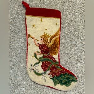 17"‎ Needlepoint Christmas Stocking Angel and Trumpet vintage